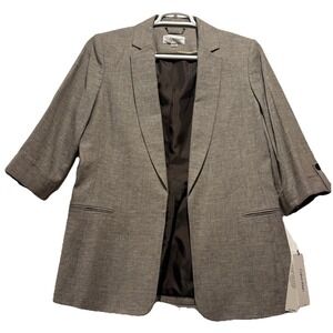 Calvin Klein Plaid‎ Long Blazer Coat W Size 14 Linen Blend Open Front Gray Plaid